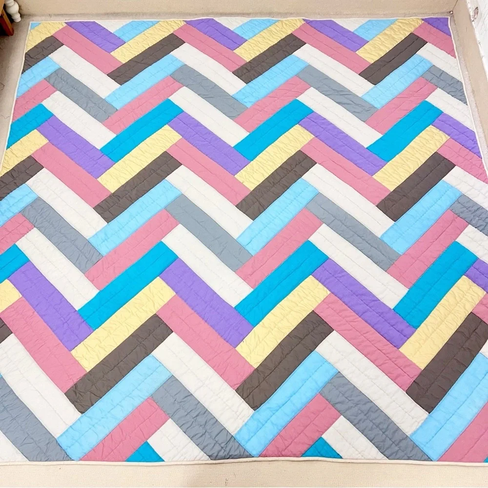 Rainbow Chevron FINISHED Patchwork Queen Size Cotton QUILT+2 shams